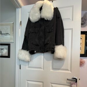 Looks new! Most unusual coat! Denim, very plush faux fur. 2 large pockets,